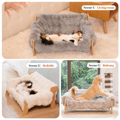 Elevated Pet Couch Bed, Wooden Cat and Small Dog Sofa, Removable Washable Fluffy Cover Raised, Kitty Lounge Chair Suitable for Puppy for Indoor
