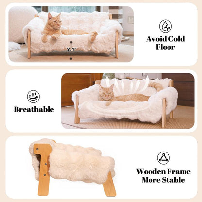 Elevated Pet Couch Bed, Wooden Cat and Small Dog Sofa, Removable Washable Fluffy Cover Raised, Kitty Lounge Chair Suitable for Puppy for Indoor