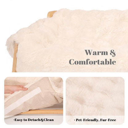 Elevated Pet Couch Bed, Wooden Cat and Small Dog Sofa, Removable Washable Fluffy Cover Raised, Kitty Lounge Chair Suitable for Puppy for Indoor