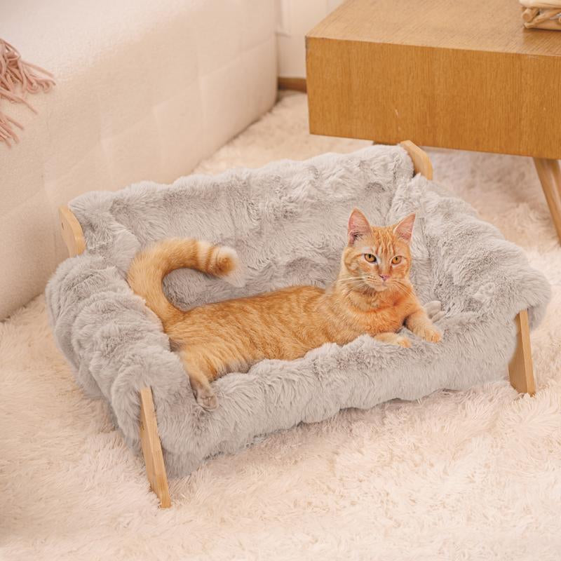 Elevated Pet Couch Bed, Wooden Cat and Small Dog Sofa, Removable Washable Fluffy Cover Raised, Kitty Lounge Chair Suitable for Puppy for Indoor